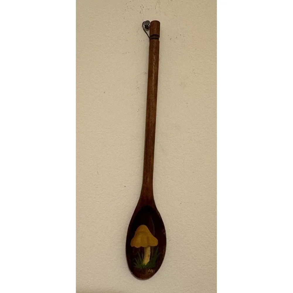 Vintage 1970s Hand-Painted Mushroom Wooden Spoon Retro Kitchen Wall Decor